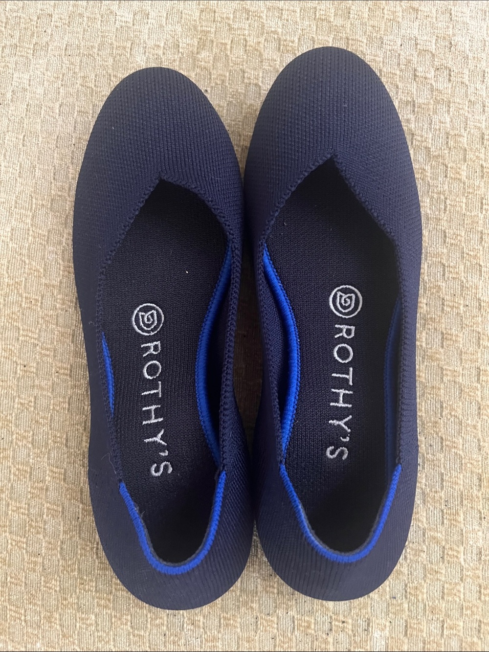 Rothy's Round Tie Ballet Flat Navy Knit Slip-Ons Blue Trim size 6